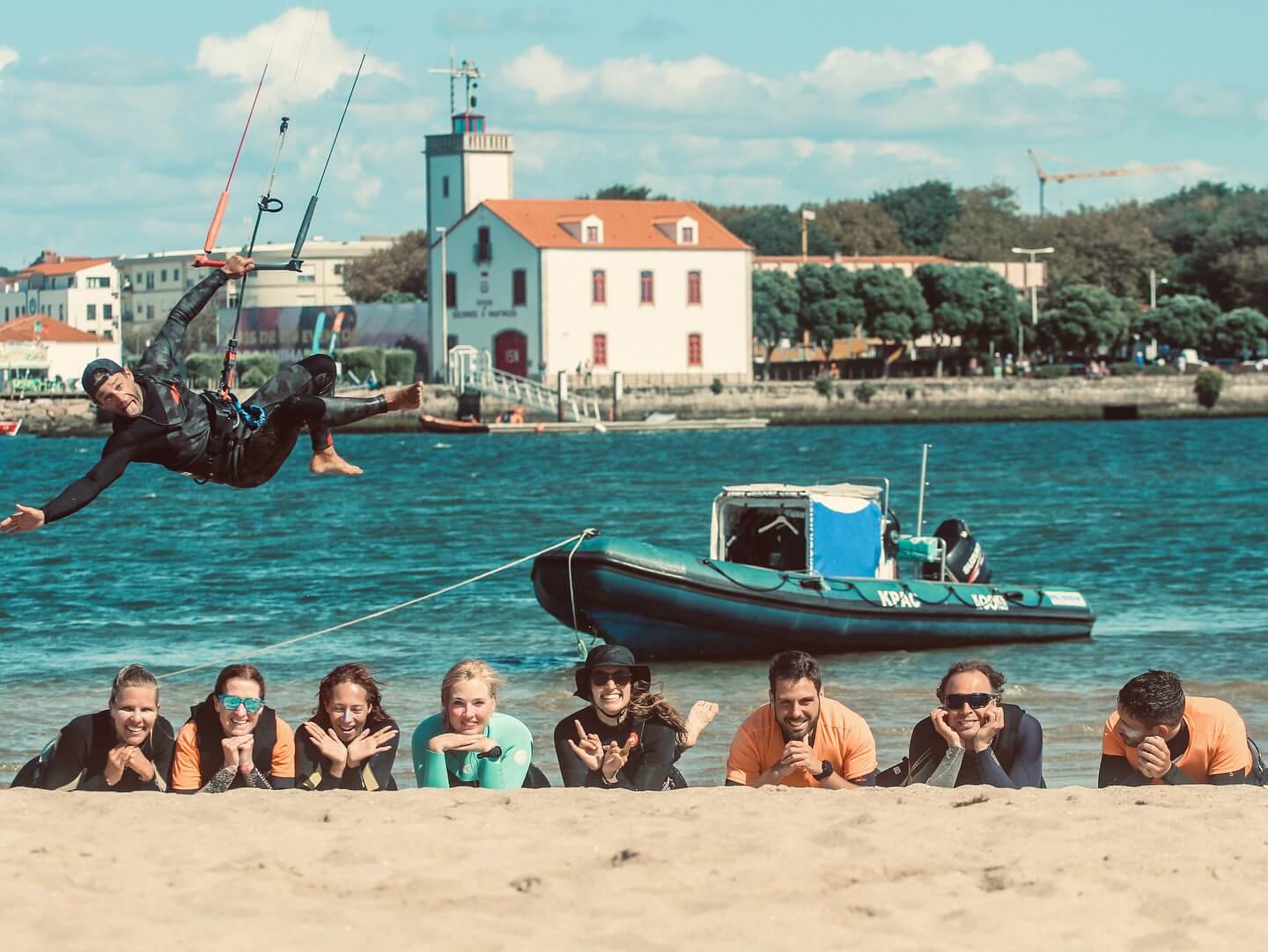 Kitesurfers from 7-night all-inclusive kitesurf camp Too Wet to Shred in Ofir, Esposende, Portugal.